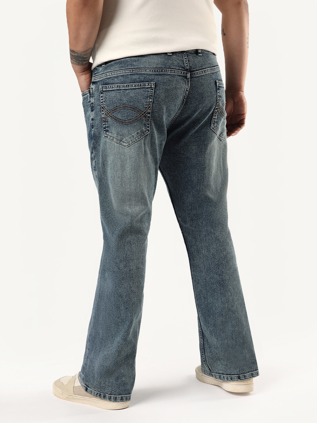 Plus Men's Light Blue Bootcut Fit Mid Rise Tinted Heavy Washed Jeans Stretchable
