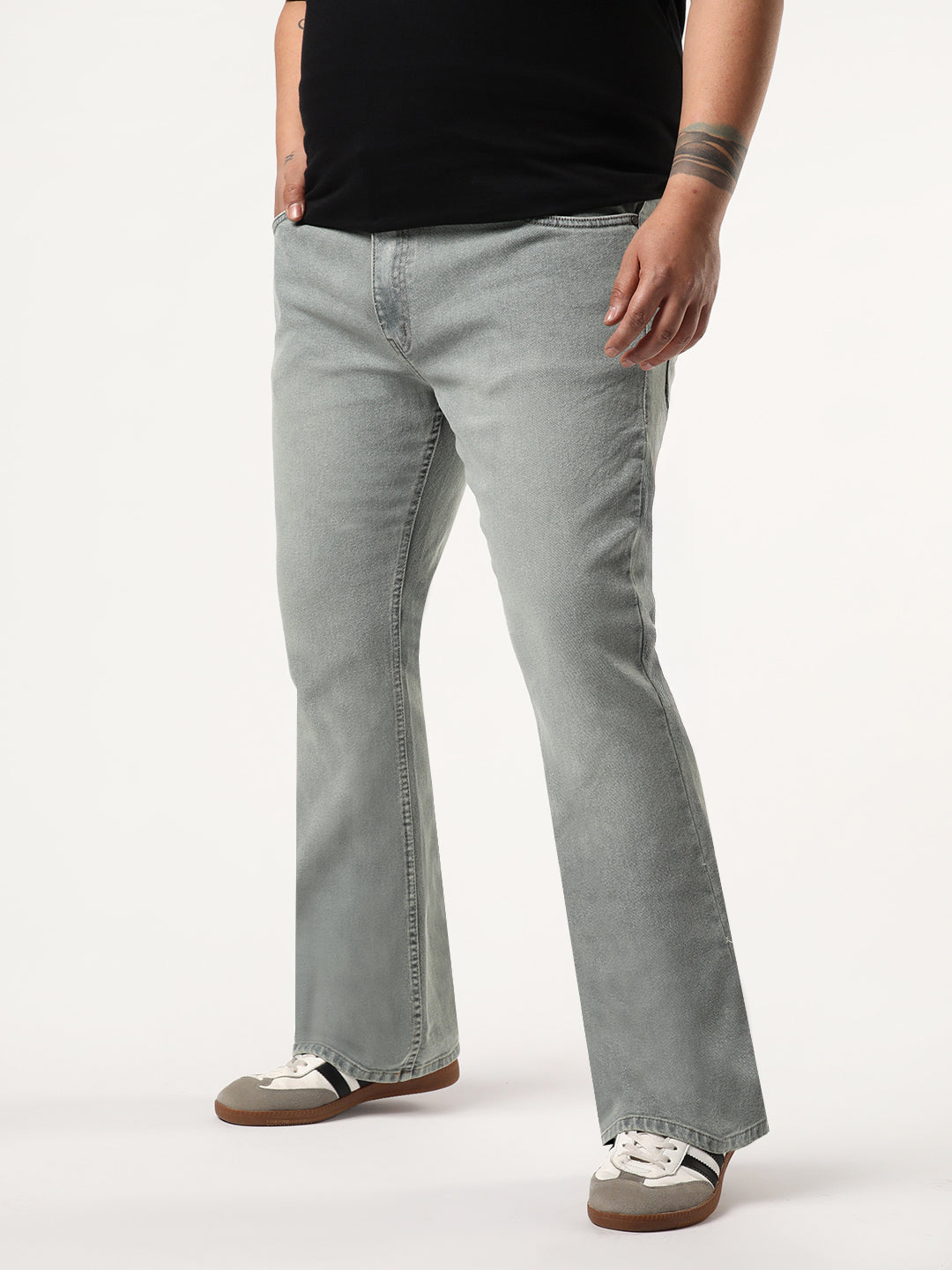 Plus Men's Light Grey Bootcut Fit Mid Rise Tinted Heavy Washed Jeans Stretchable