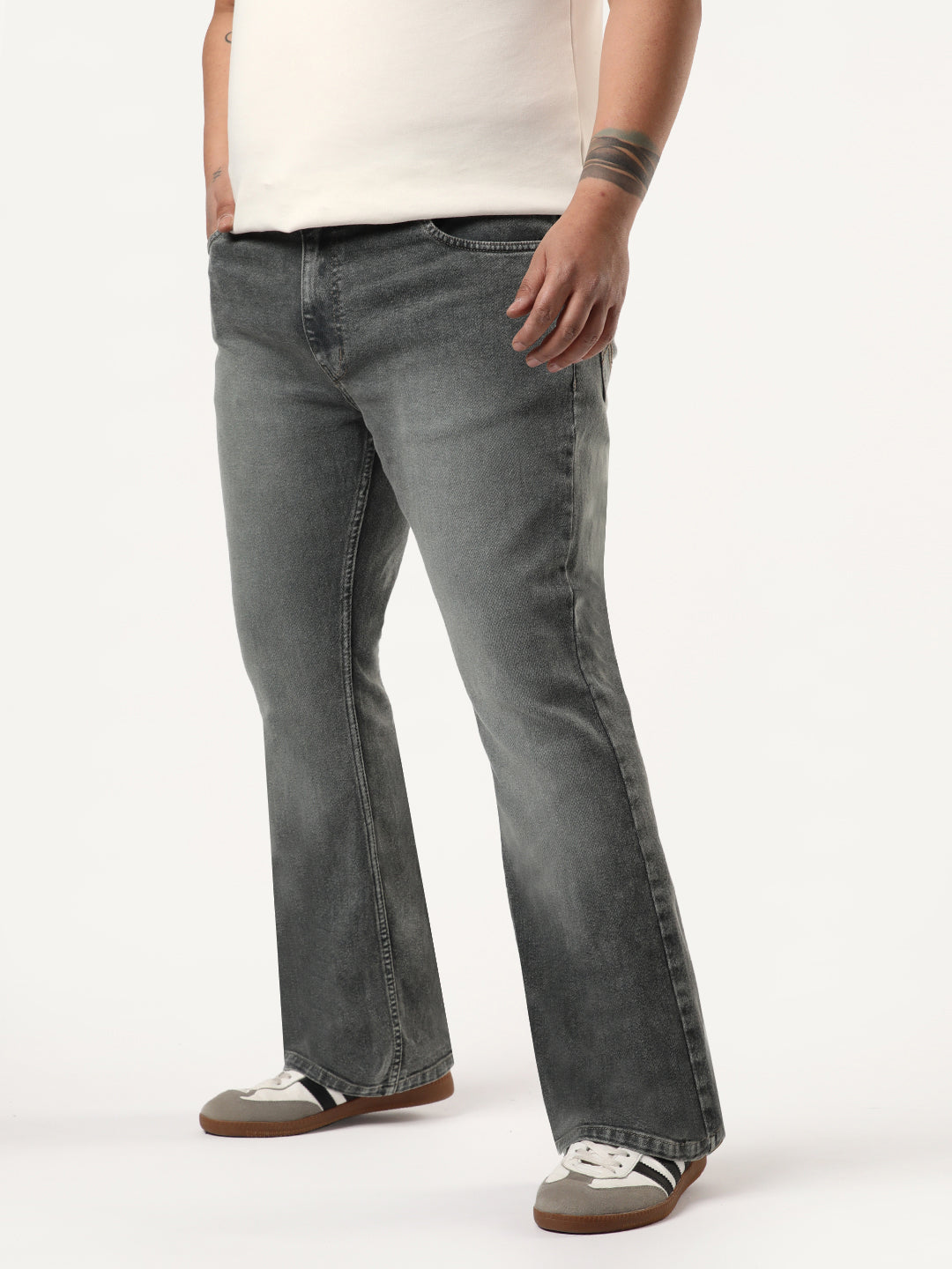 Plus Men's Grey Bootcut Fit Mid Rise Tinted Heavy Washed Jeans Stretchable