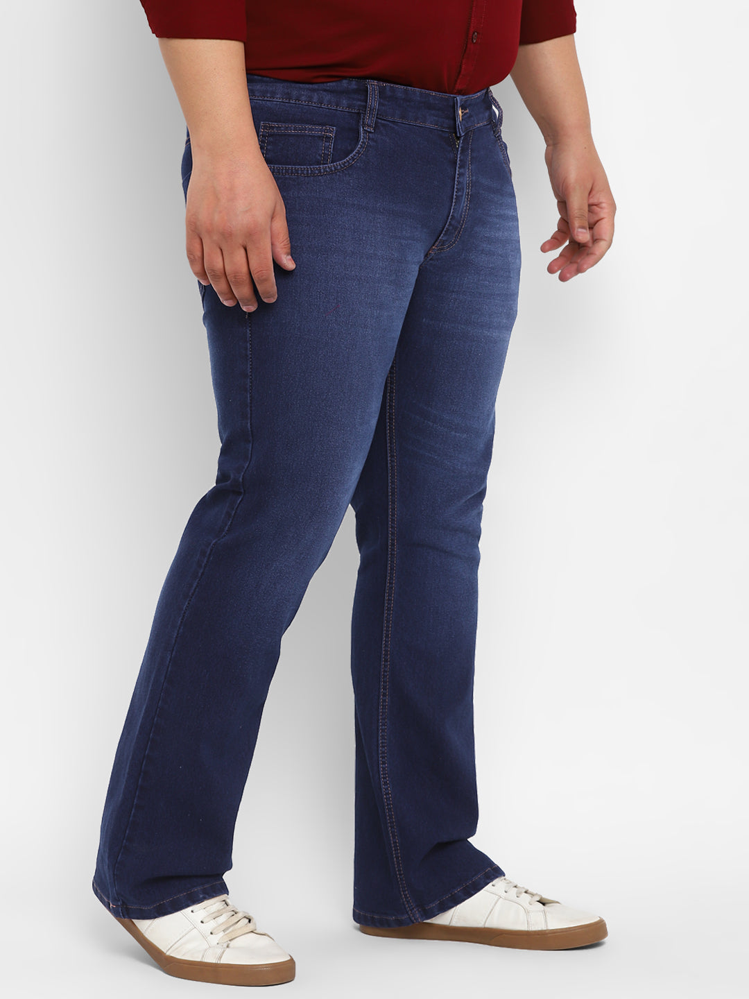Plus Men's Dark Blue Regular Fit Washed Denim Bootcut Jeans Stretchable