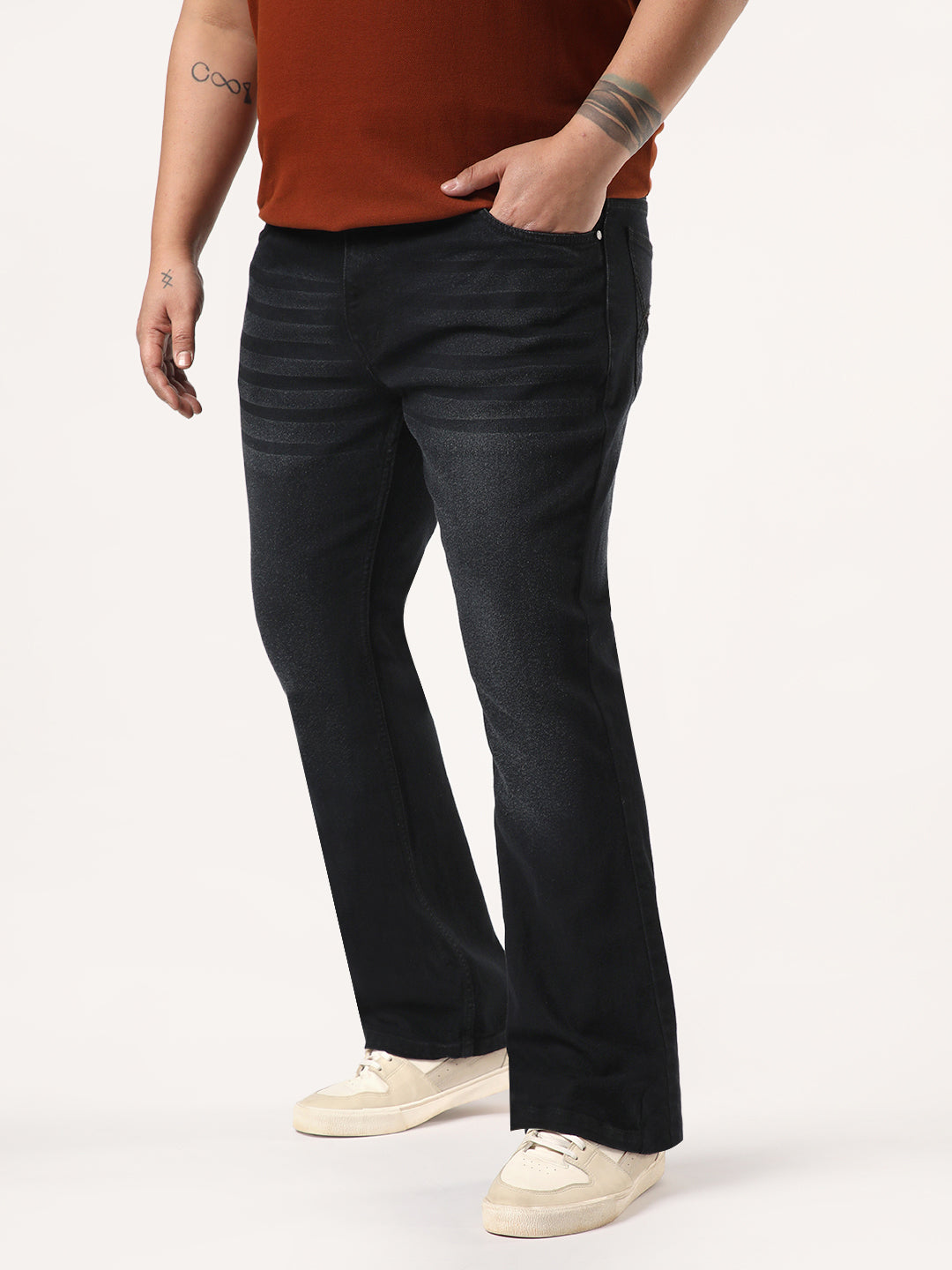 Plus Men's Black Bootcut Fit Mid Rise Heavy Washed Jeans Stretchable