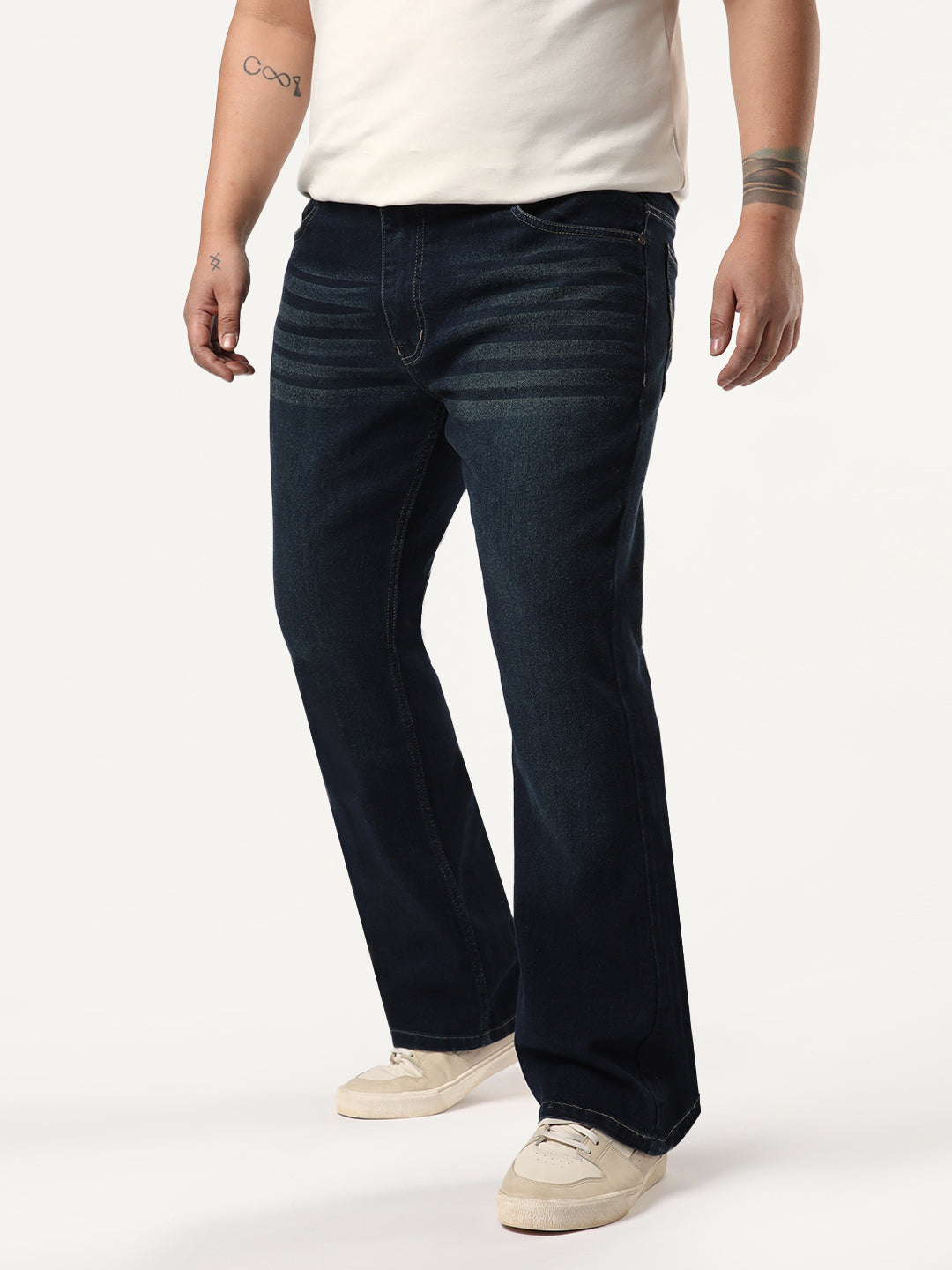 Plus Men's Dark Blue Bootcut Fit Mid Rise Heavy Washed Jeans Stretchable