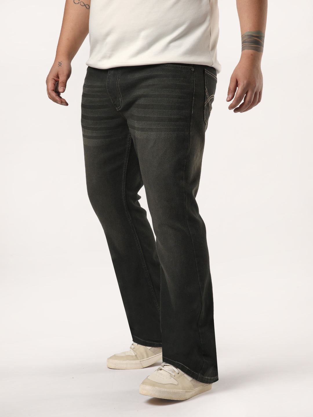 Plus Men's Dark Grey Bootcut Fit Mid Rise Heavy Washed Jeans Stretchable