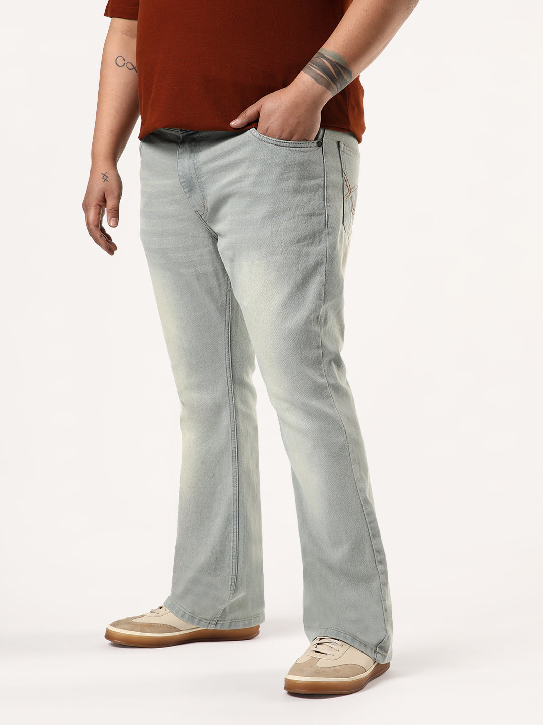 Plus Men's Ice Grey Bootcut Fit Mid Rise Heavy Washed Jeans Stretchable