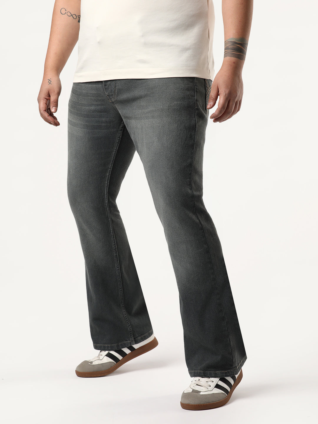 Plus Men's Grey Bootcut Fit Mid Rise Heavy Washed Jeans Stretchable