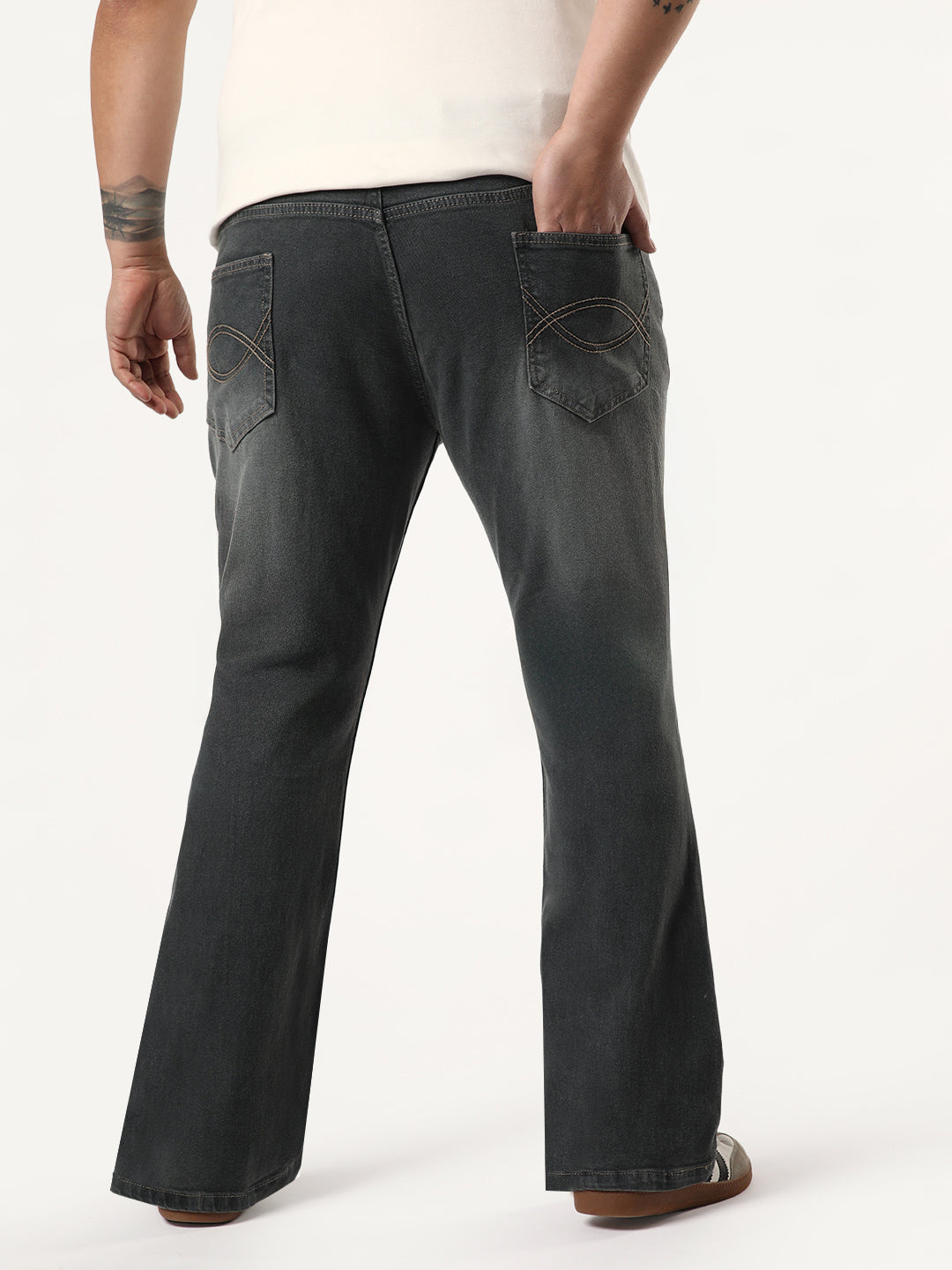 Plus Men's Grey Bootcut Fit Mid Rise Heavy Washed Jeans Stretchable