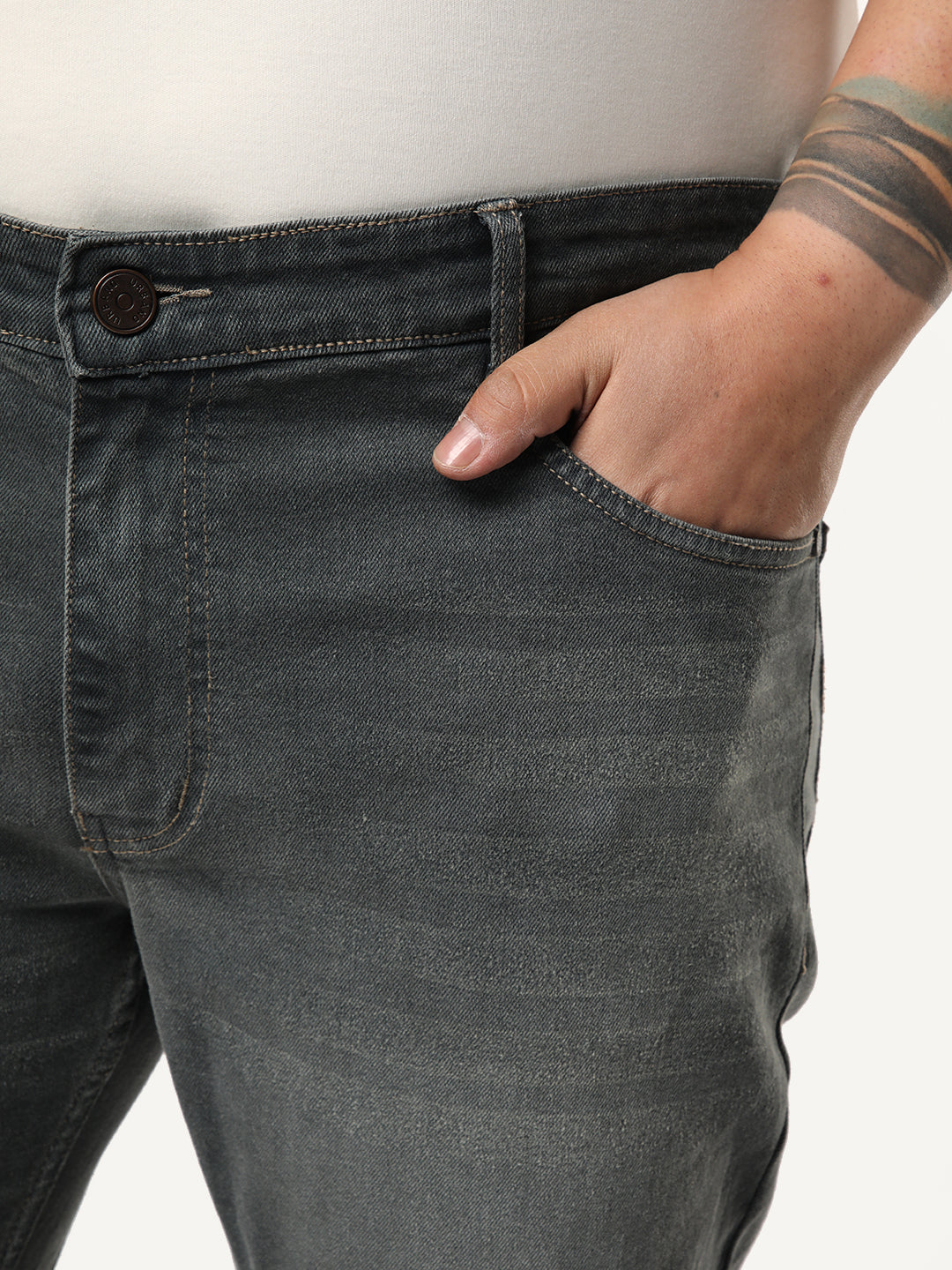 Plus Men's Grey Bootcut Fit Mid Rise Heavy Washed Jeans Stretchable