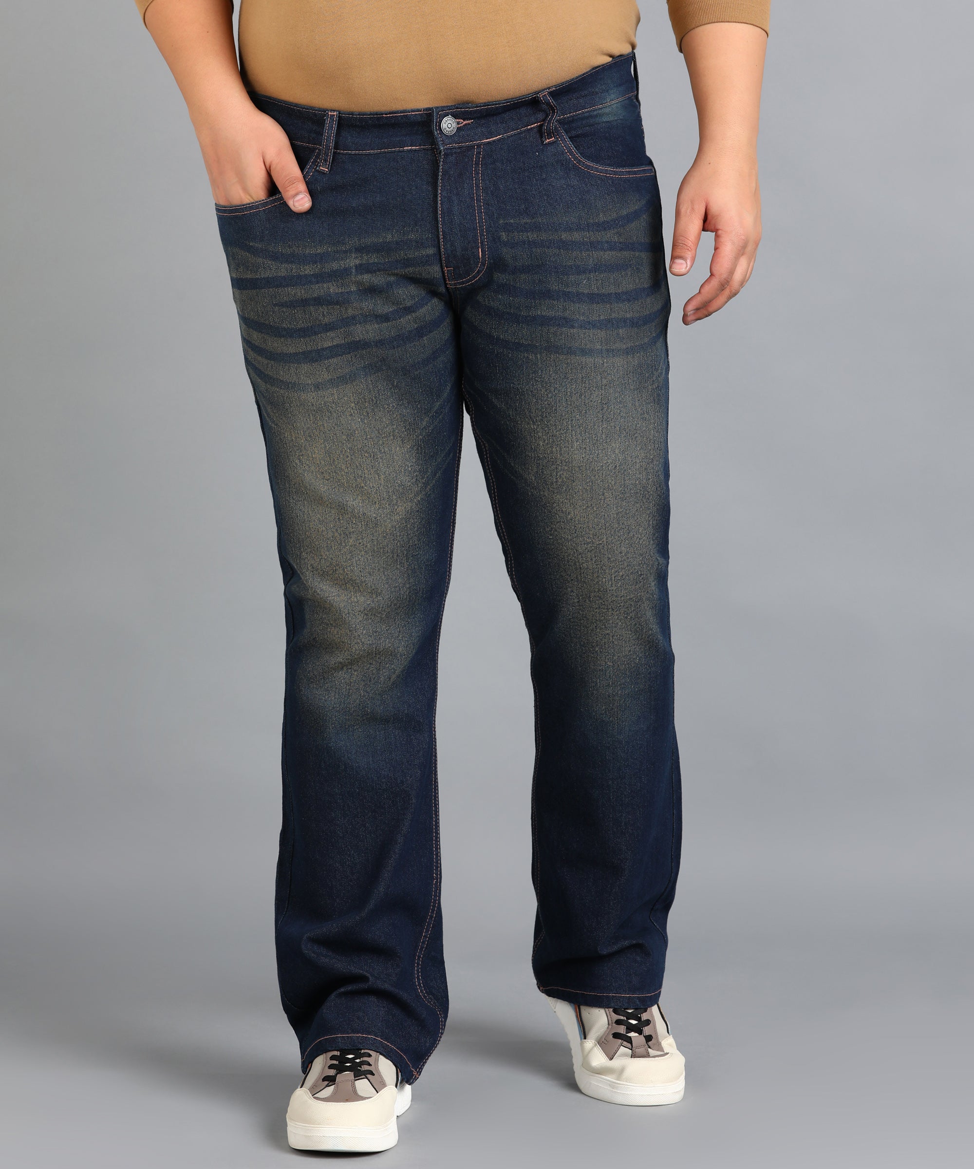 Plus Men's Dark Blue Washed Bootcut Jeans Stretchable