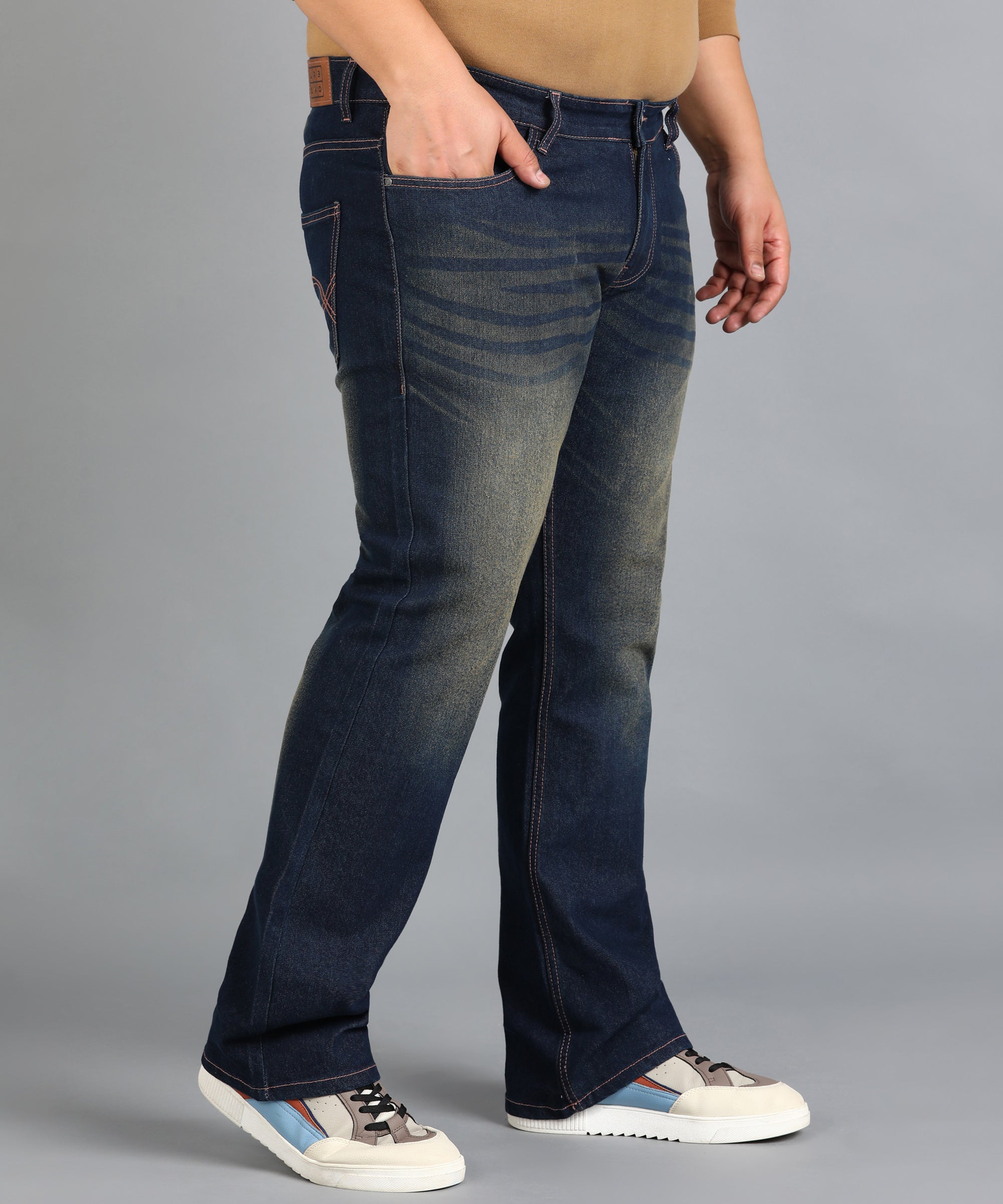 Plus Men's Dark Blue Washed Bootcut Jeans Stretchable