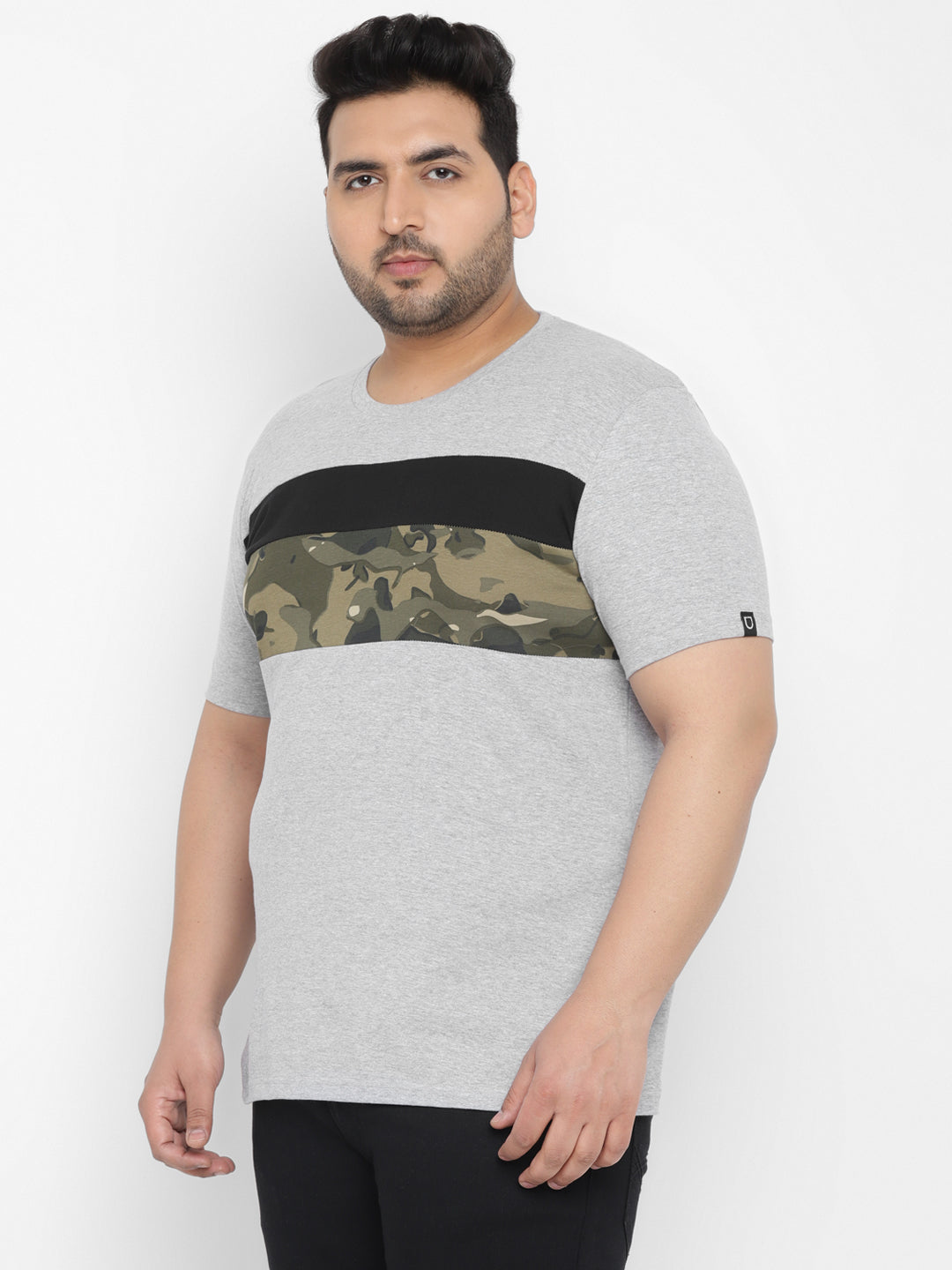 Plus Men's Grey, Black Color-Block Military Camouflage Printed Half Sleeve Regular Fit Cotton T-Shirt