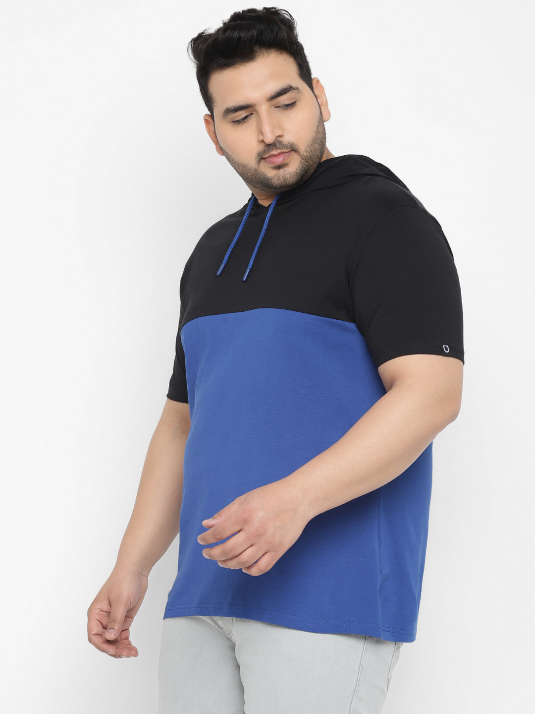 Urbano Plus Men's Black, Royal Blue Color-Block Hooded Neck Regular Fit Half Sleeve Cotton T-Shirt