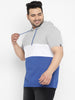 Plus Men's Grey, White, Royal Blue Color-Block Hooded Neck Regular Fit Half Sleeve Cotton T-Shirt