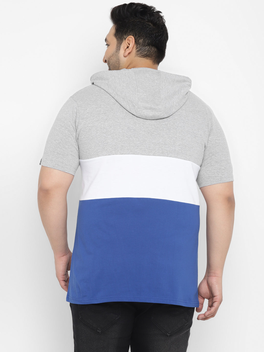 Plus Men's Grey, White, Royal Blue Color-Block Hooded Neck Regular Fit Half Sleeve Cotton T-Shirt