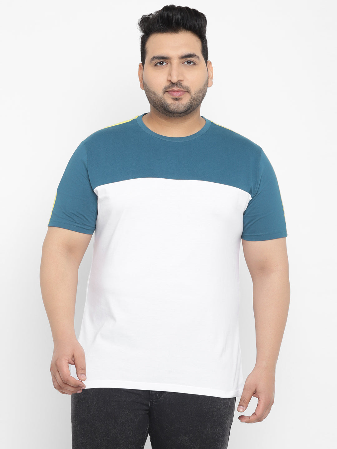 Plus Men's Blue, White, Yellow Color-Block Regular Fit Half Sleeve Cotton T-Shirt