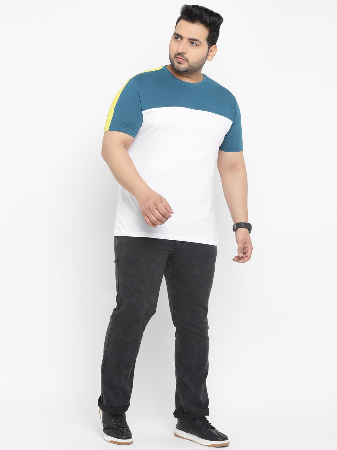 Plus Men's Blue, White, Yellow Color-Block Regular Fit Half Sleeve Cotton T-Shirt