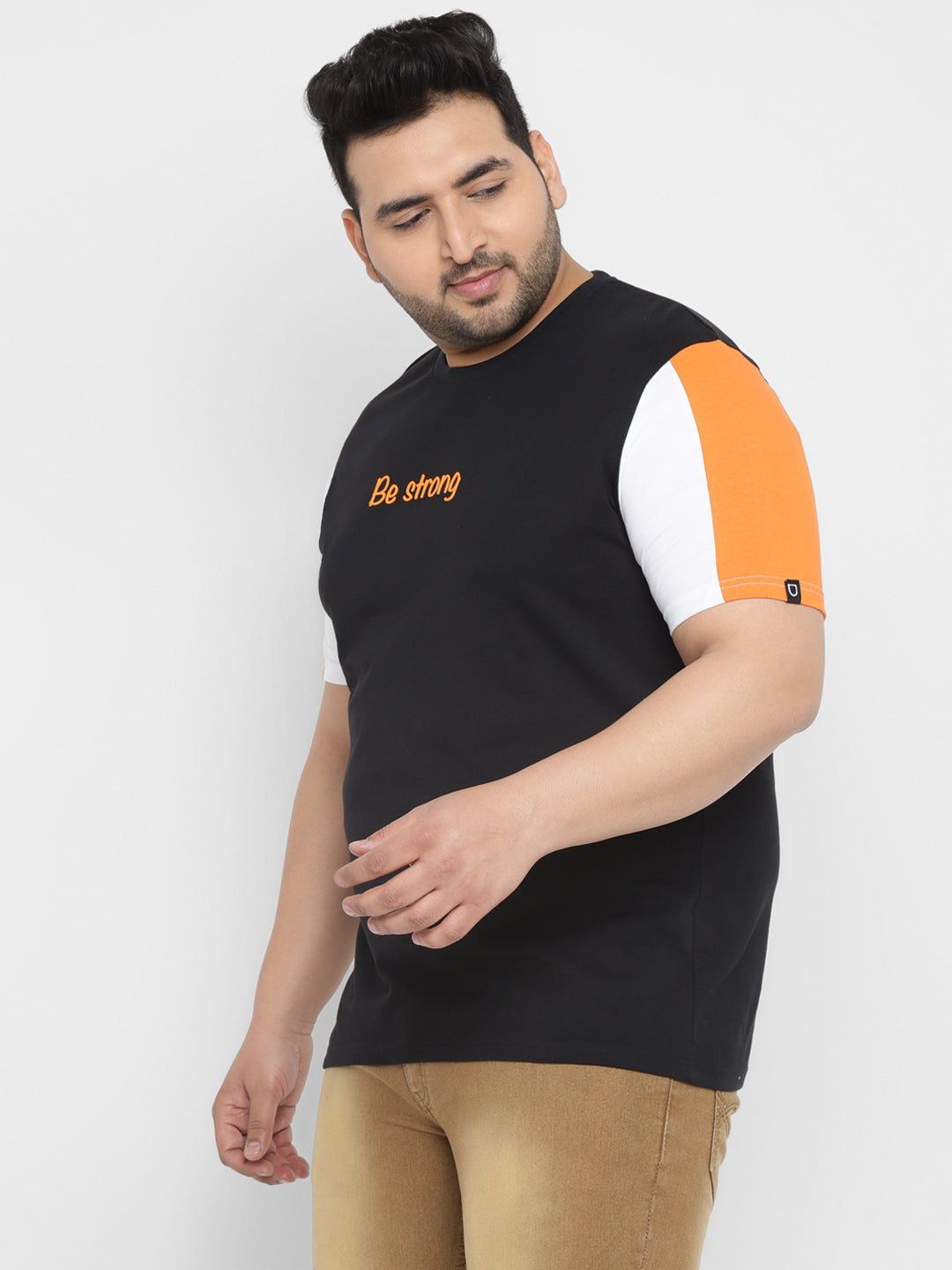 Urbano Plus Men's Black, Orange, White Color-Block Regular Fit Half Sleeve Cotton T-Shirt
