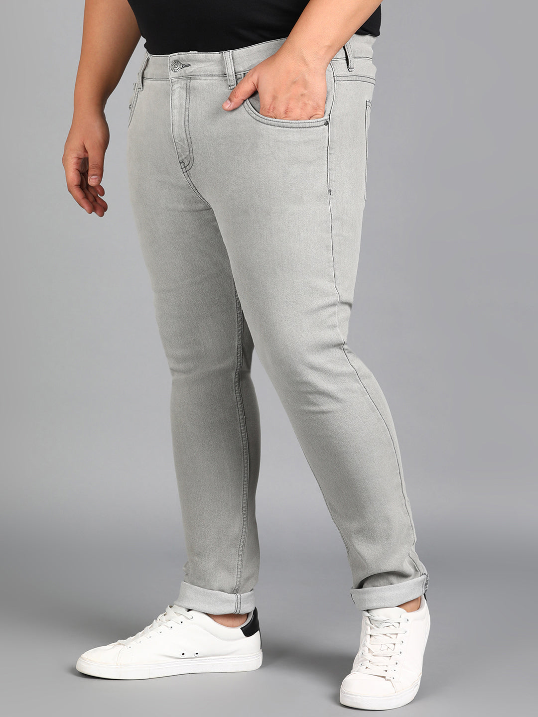 Plus Men's Ice Grey Regular Fit Washed Jeans Stretchable