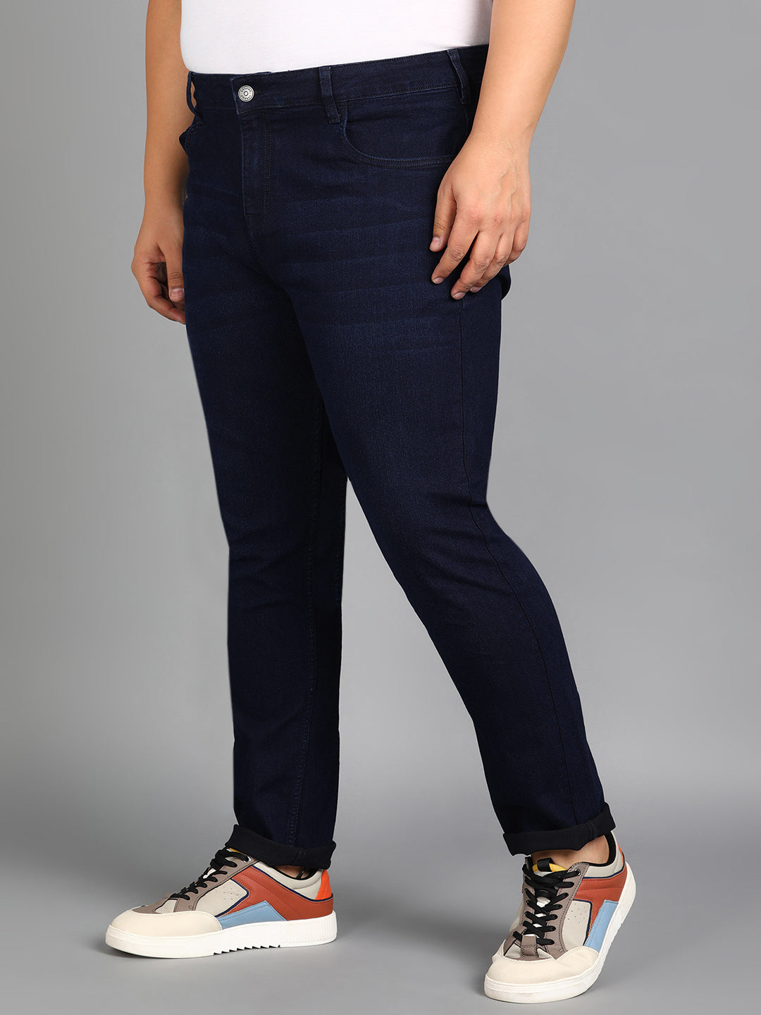 Plus Men's Carbon Blue Regular Fit Washed Jeans Stretchable