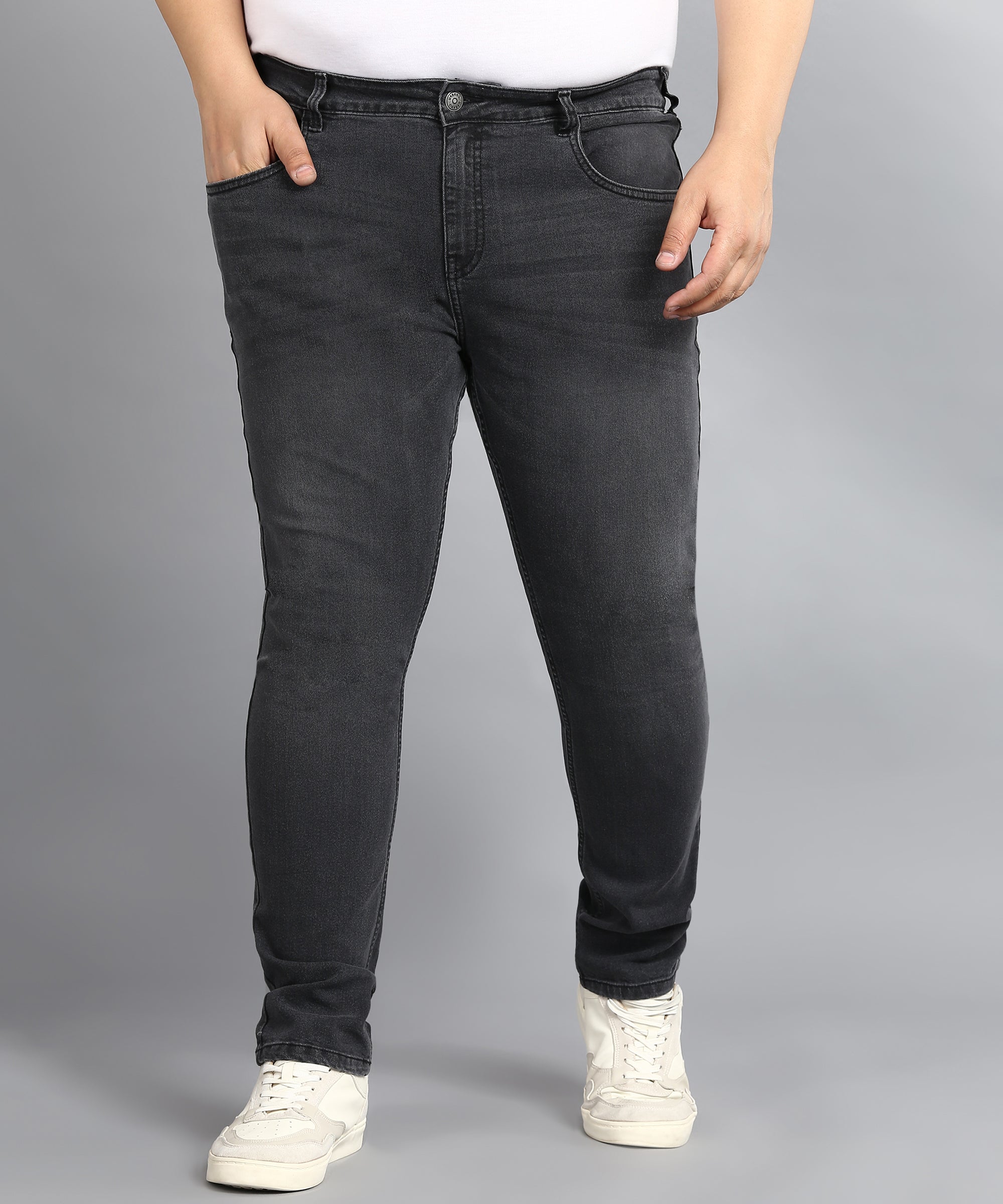 Plus Men's Carbon Grey Regular Fit Washed Jeans Stretchable