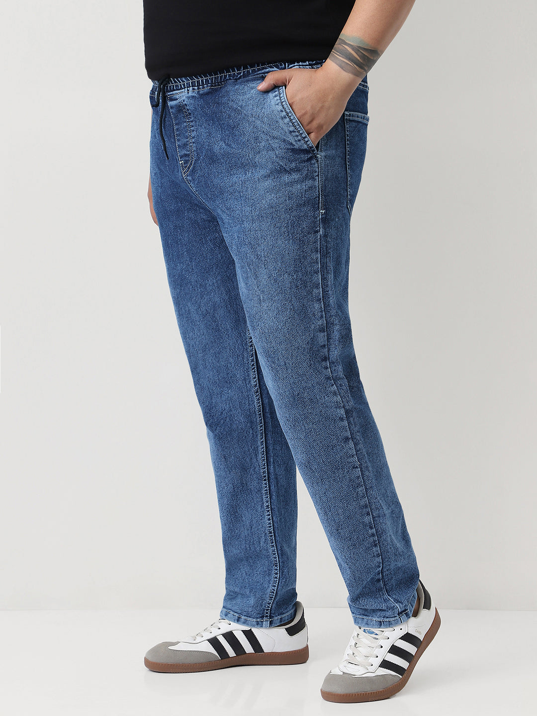 Plus Men's Light Blue Regular Fit Washed Jogger Jeans Stretchable