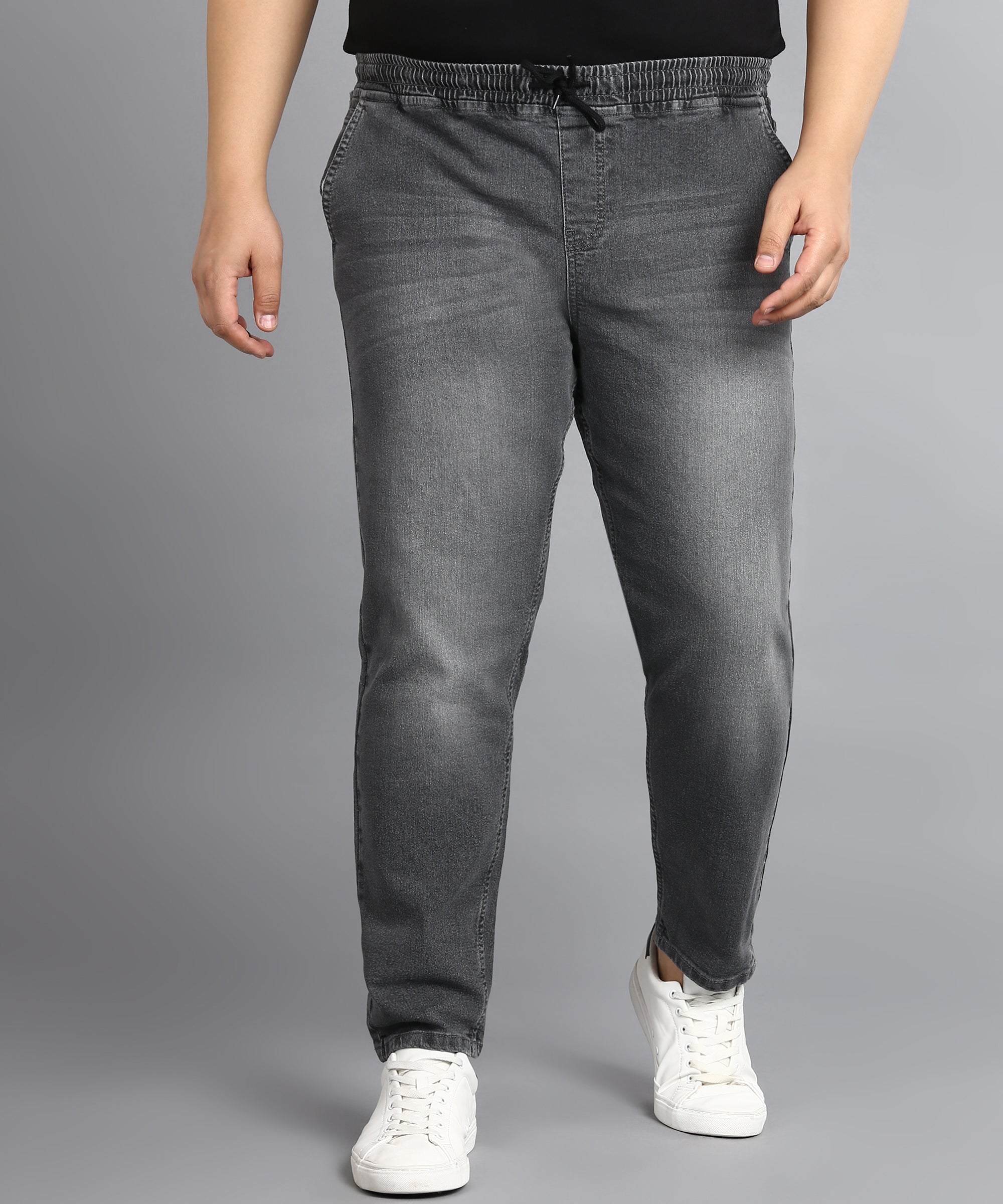 Plus Men's Grey Regular Fit Washed Jogger Jeans Stretchable