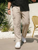 Plus Men's Beige Straight Fit Linen Cargo Pants with 6 Pockets