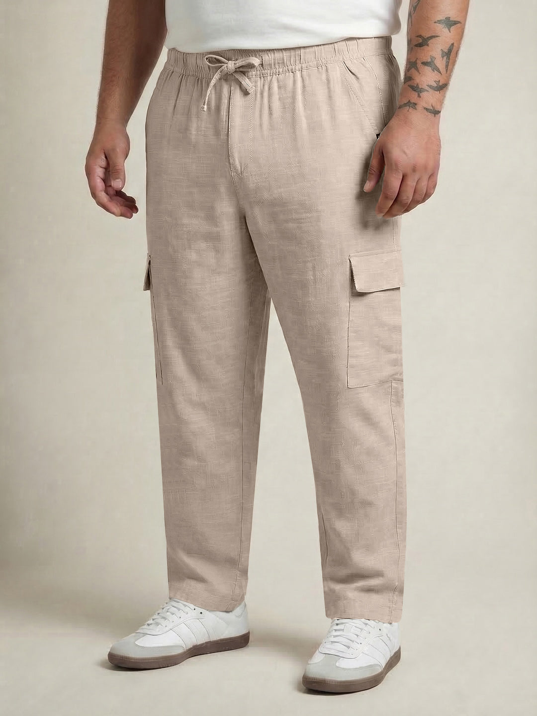 Plus Men's Beige Straight Fit Linen Cargo Pants with 6 Pockets
