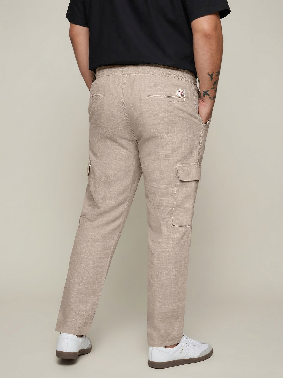 Plus Men's Beige Straight Fit Linen Cargo Pants with 6 Pockets