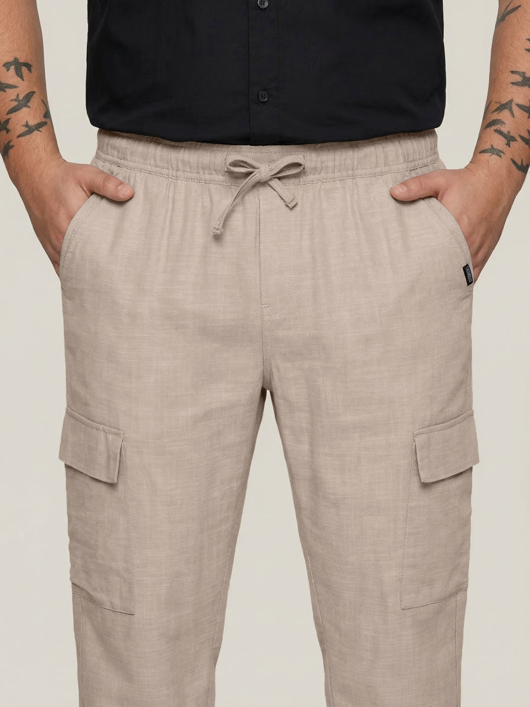 Plus Men's Beige Straight Fit Linen Cargo Pants with 6 Pockets