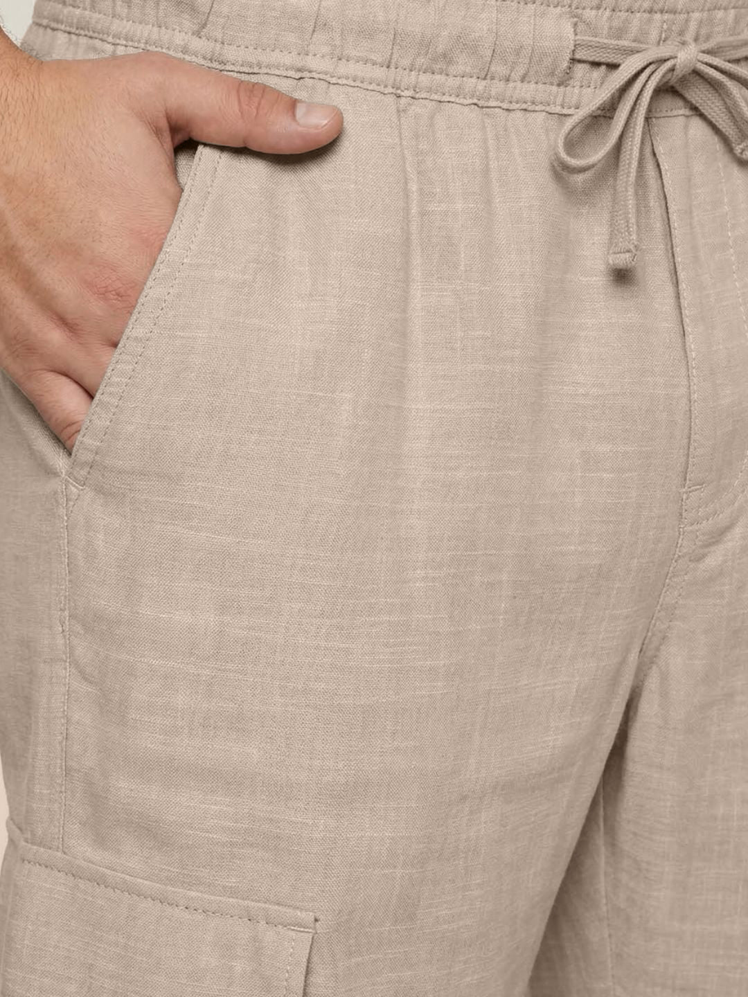 Plus Men's Beige Straight Fit Linen Cargo Pants with 6 Pockets