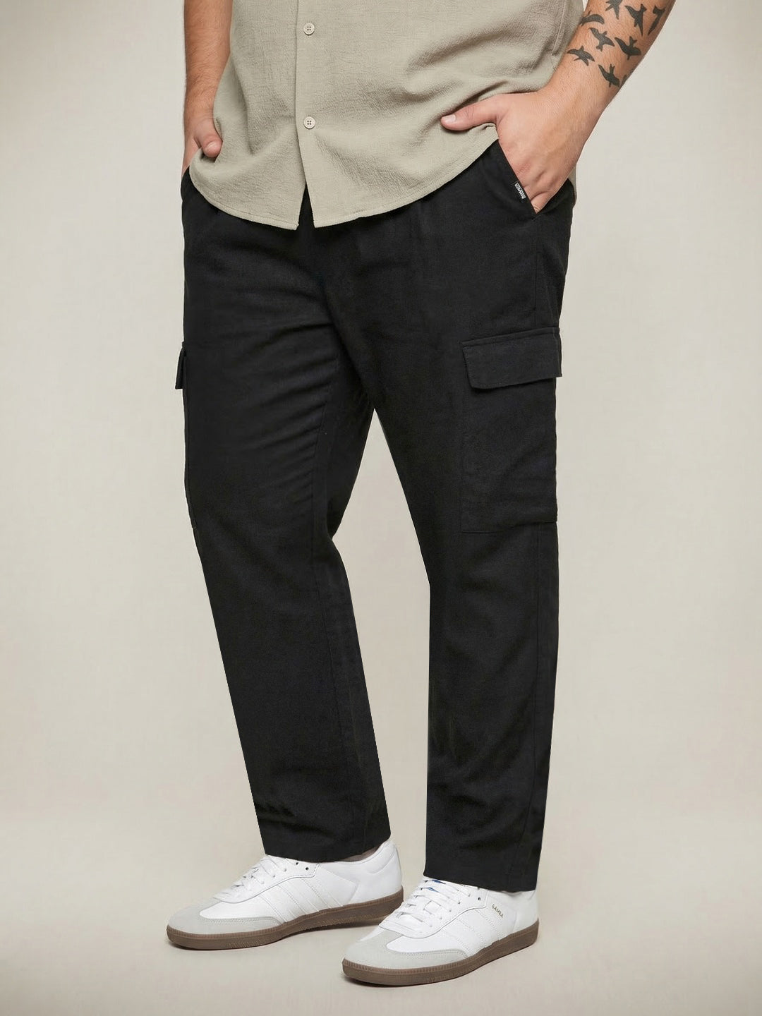 Plus Men's Black Straight Fit Linen Cargo Pants with 6 Pockets