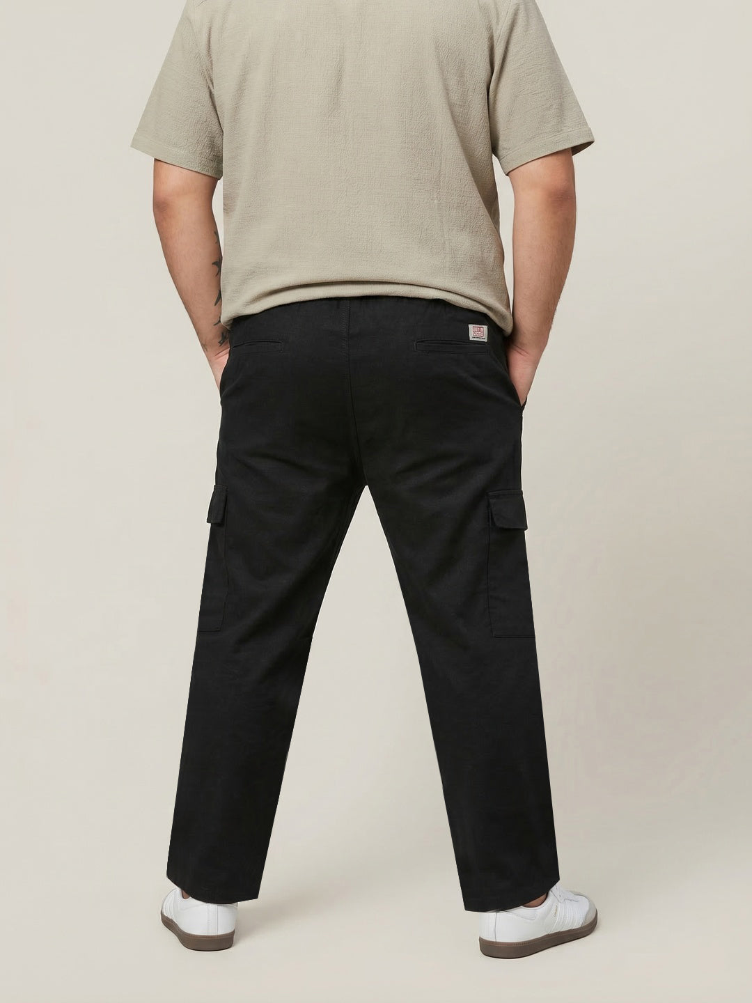 Plus Men's Black Straight Fit Linen Cargo Pants with 6 Pockets