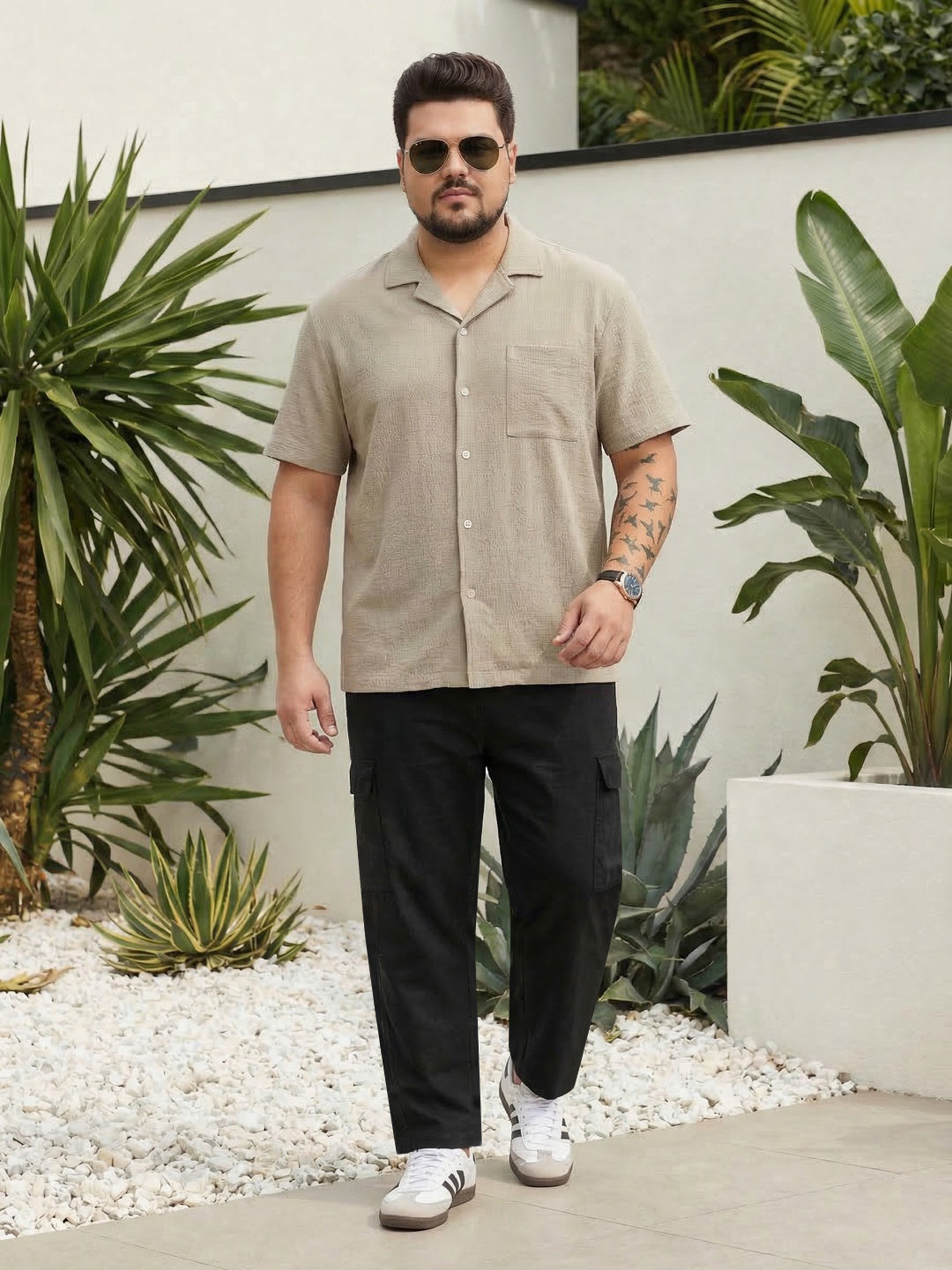 Plus Men's Black Straight Fit Linen Cargo Pants with 6 Pockets