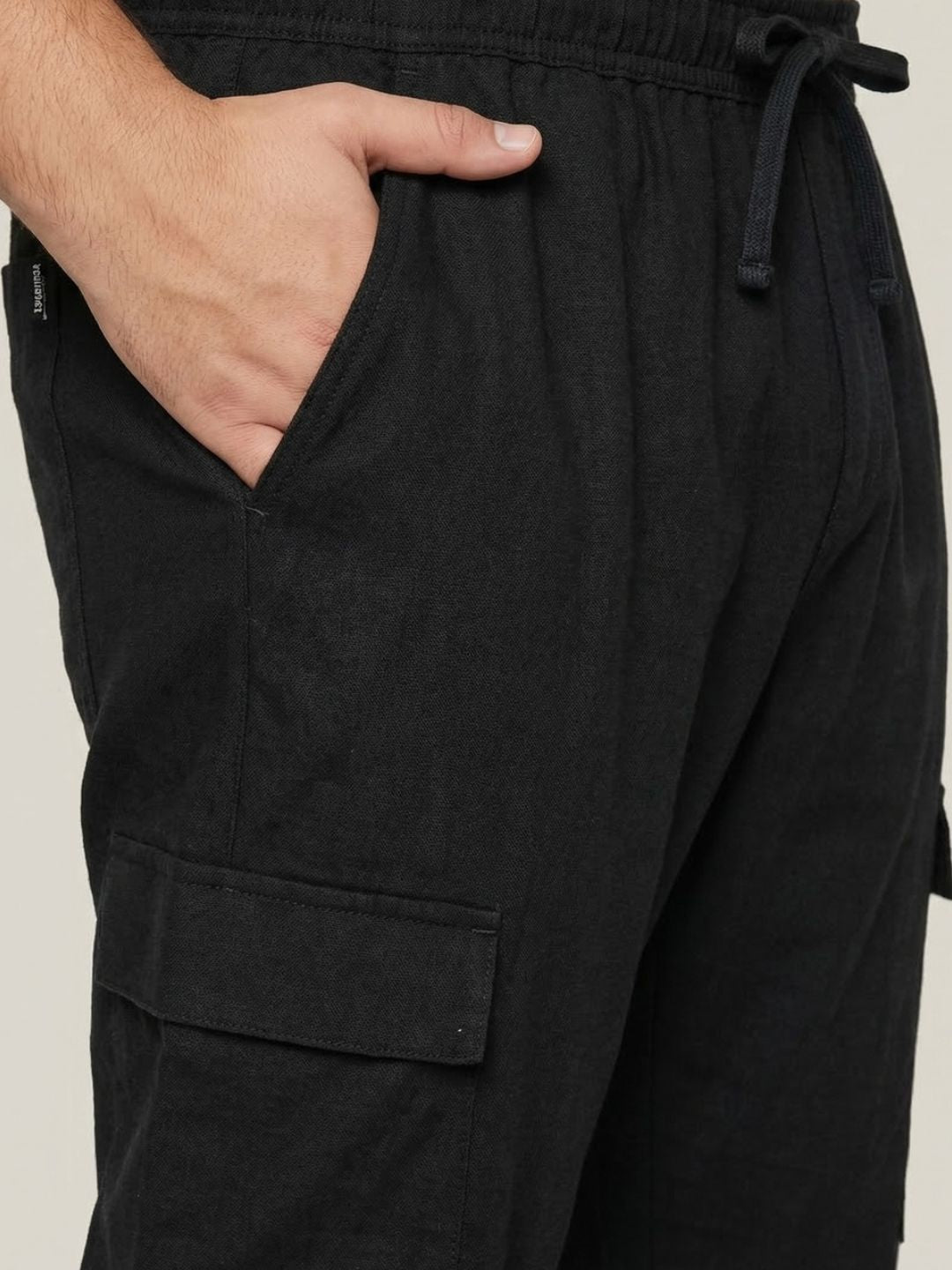 Plus Men's Black Straight Fit Linen Cargo Pants with 6 Pockets