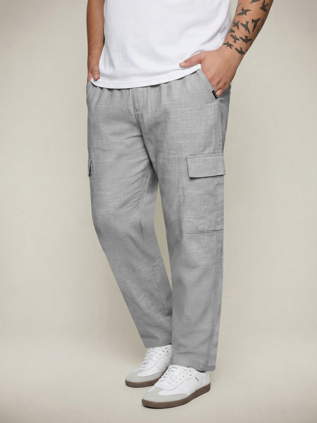 Plus Men's Light Grey Straight Fit Linen Cargo Pants with 6 Pockets