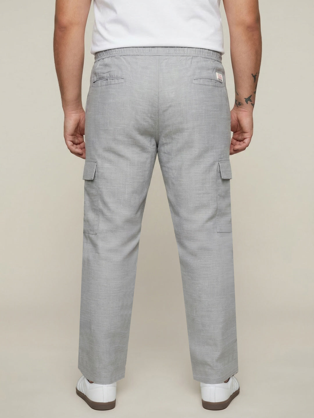 Plus Men's Light Grey Straight Fit Linen Cargo Pants with 6 Pockets