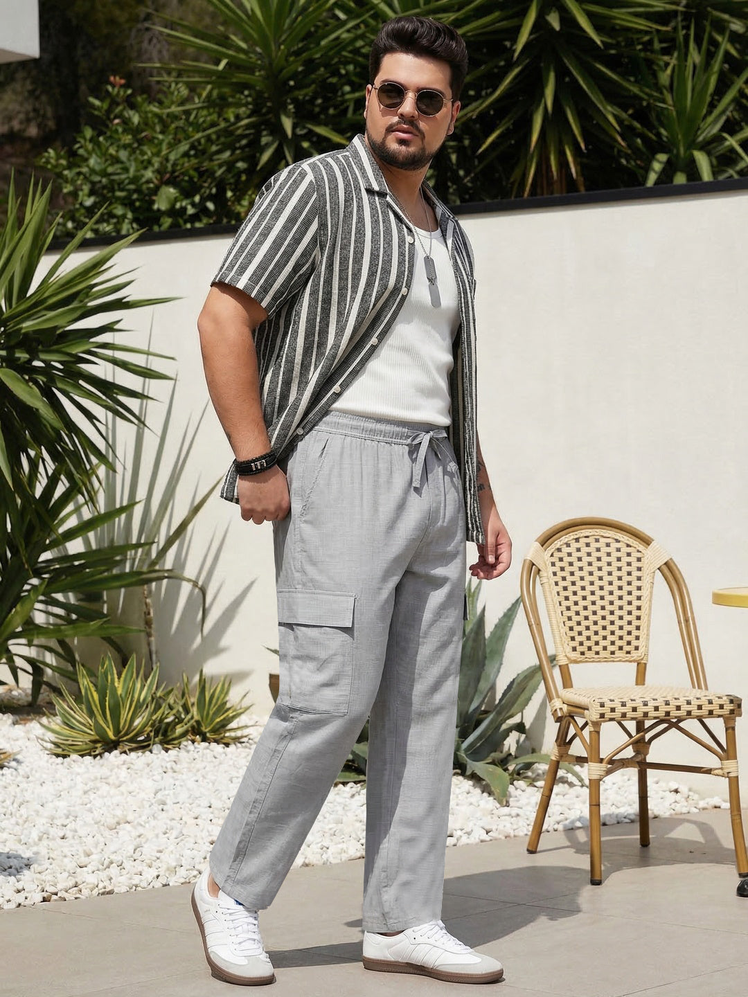 Plus Men's Light Grey Straight Fit Linen Cargo Pants with 6 Pockets