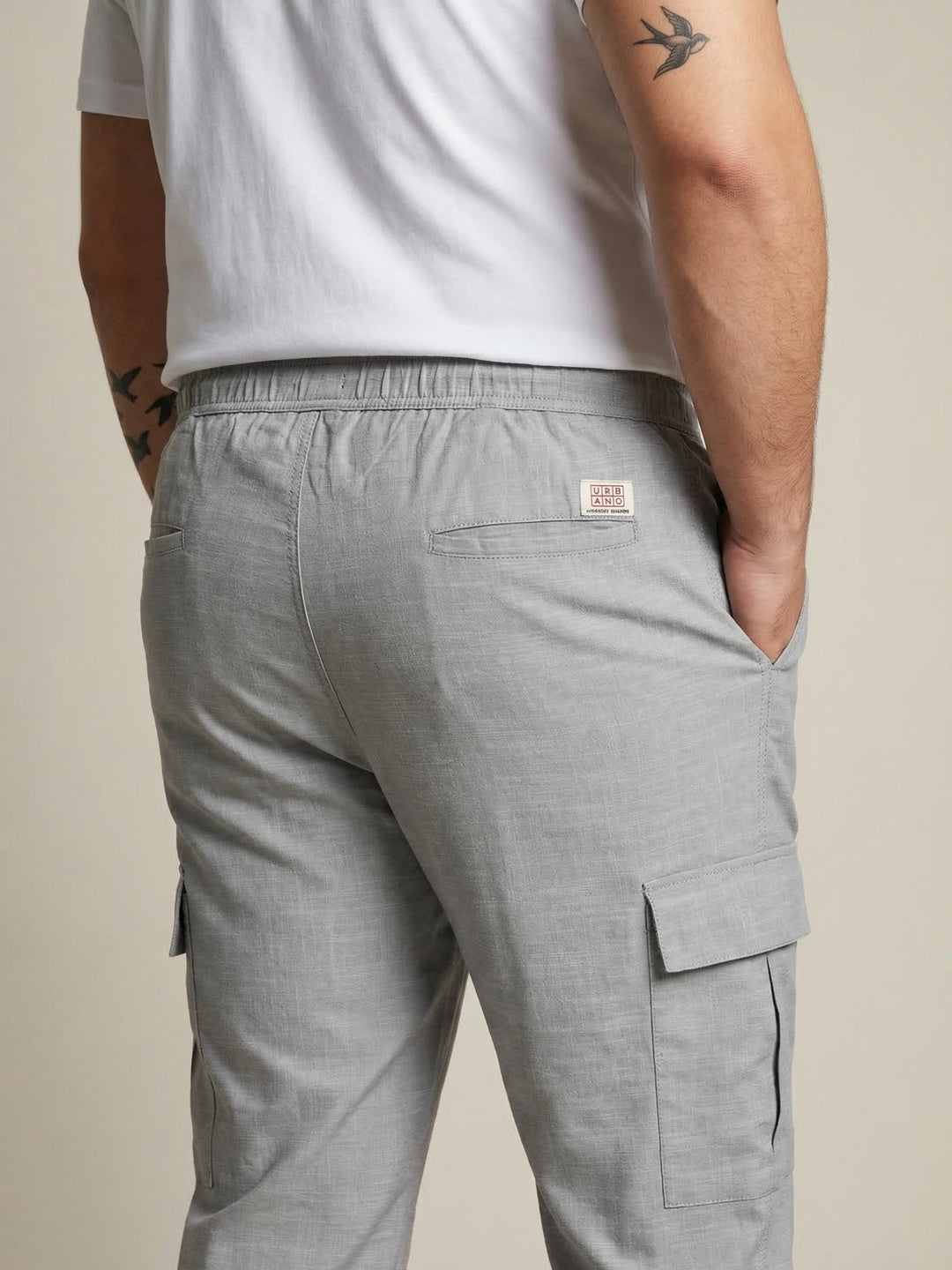 Plus Men's Light Grey Straight Fit Linen Cargo Pants with 6 Pockets