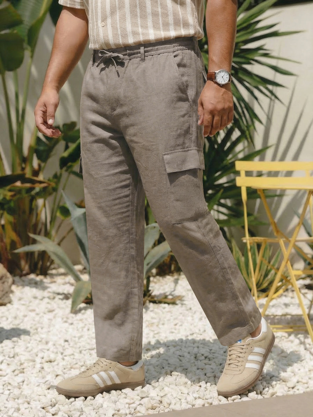 Plus Men's Light Khaki Straight Fit Linen Cargo Pants with 6 Pockets