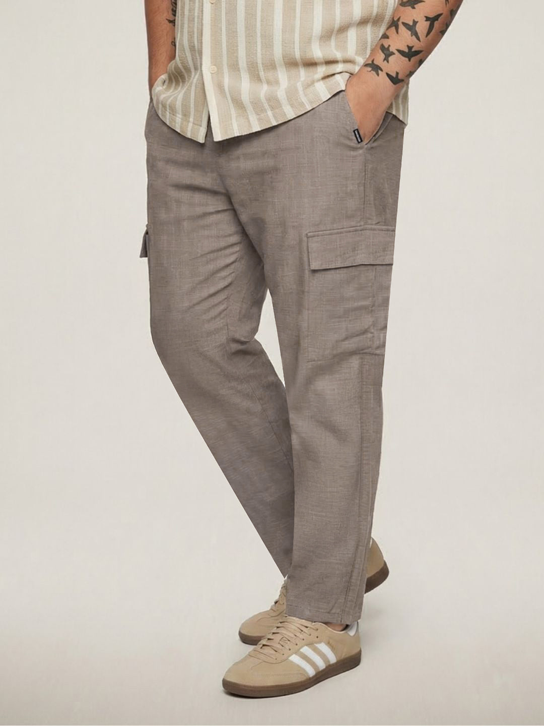 Plus Men's Light Khaki Straight Fit Linen Cargo Pants with 6 Pockets