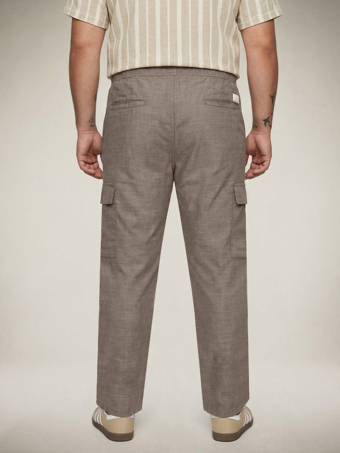 Plus Men's Light Khaki Straight Fit Linen Cargo Pants with 6 Pockets