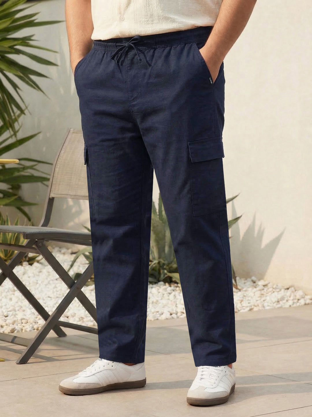 Plus Men's Navy Straight Fit Linen Cargo Pants with 6 Pockets