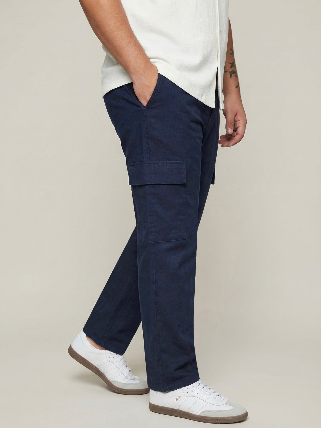 Plus Men's Navy Straight Fit Linen Cargo Pants with 6 Pockets