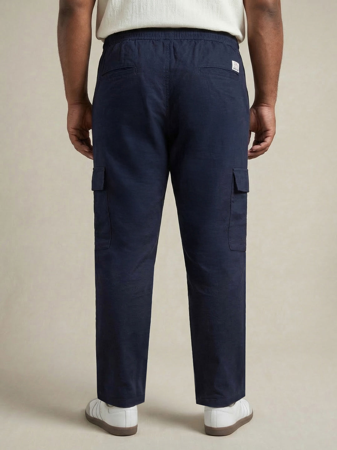 Plus Men's Navy Straight Fit Linen Cargo Pants with 6 Pockets