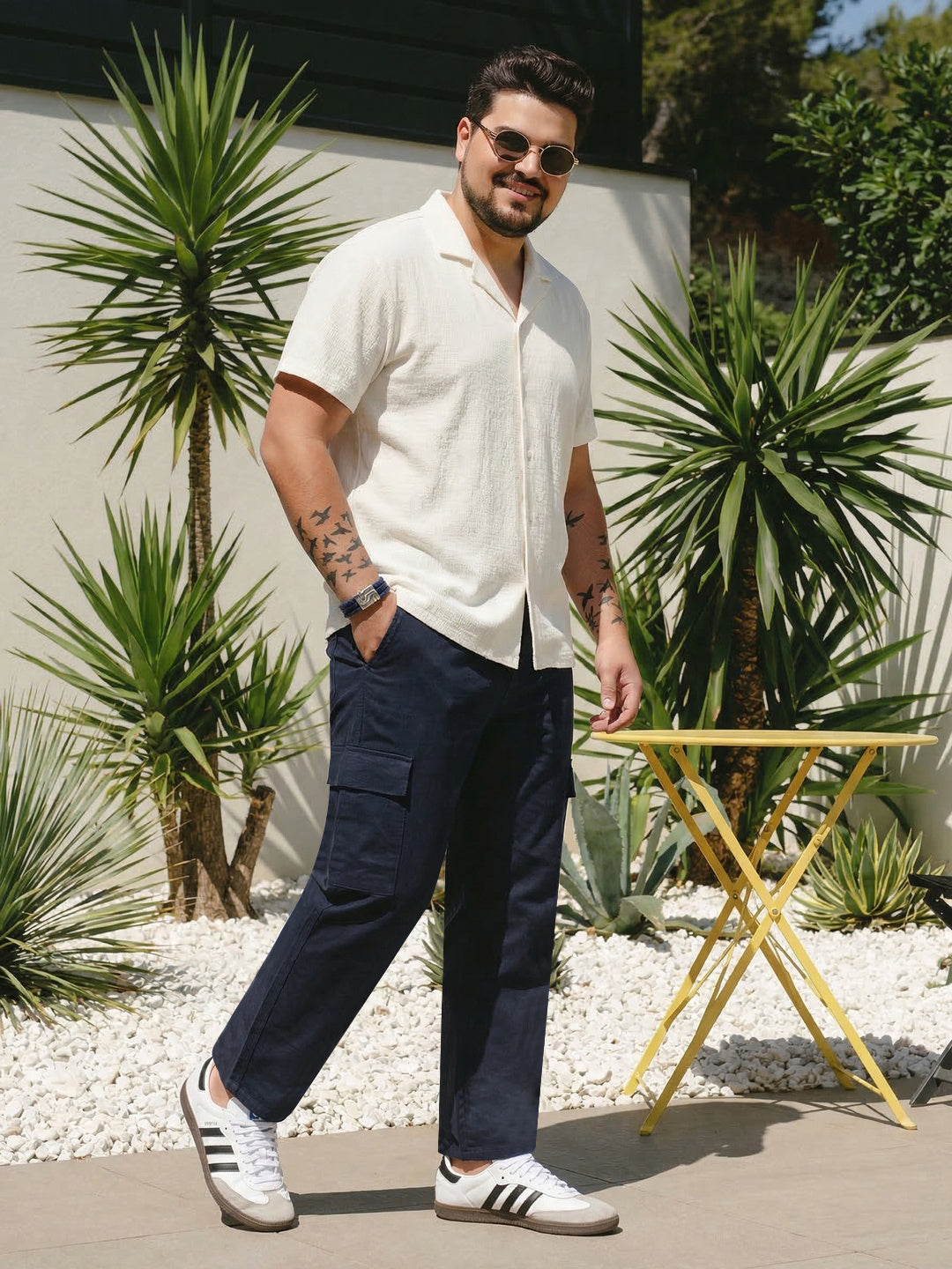 Plus Men's Navy Straight Fit Linen Cargo Pants with 6 Pockets