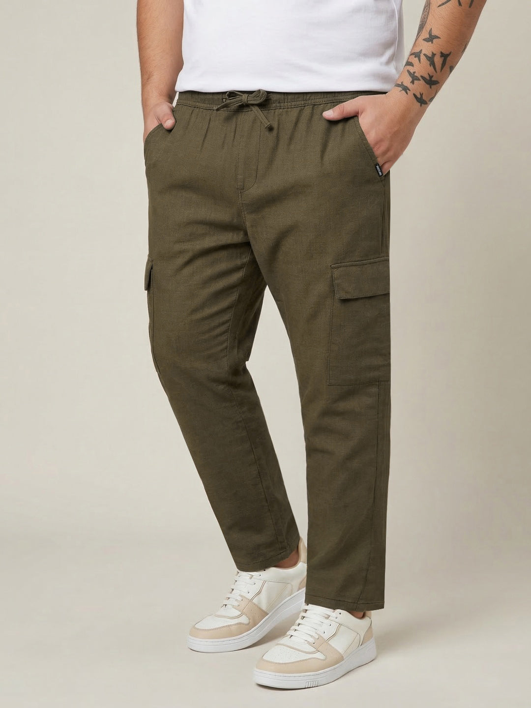 Plus Men's Olive Straight Fit Linen Cargo Pants with 6 Pockets