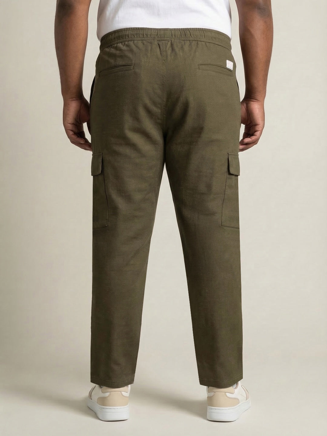 Plus Men's Olive Straight Fit Linen Cargo Pants with 6 Pockets