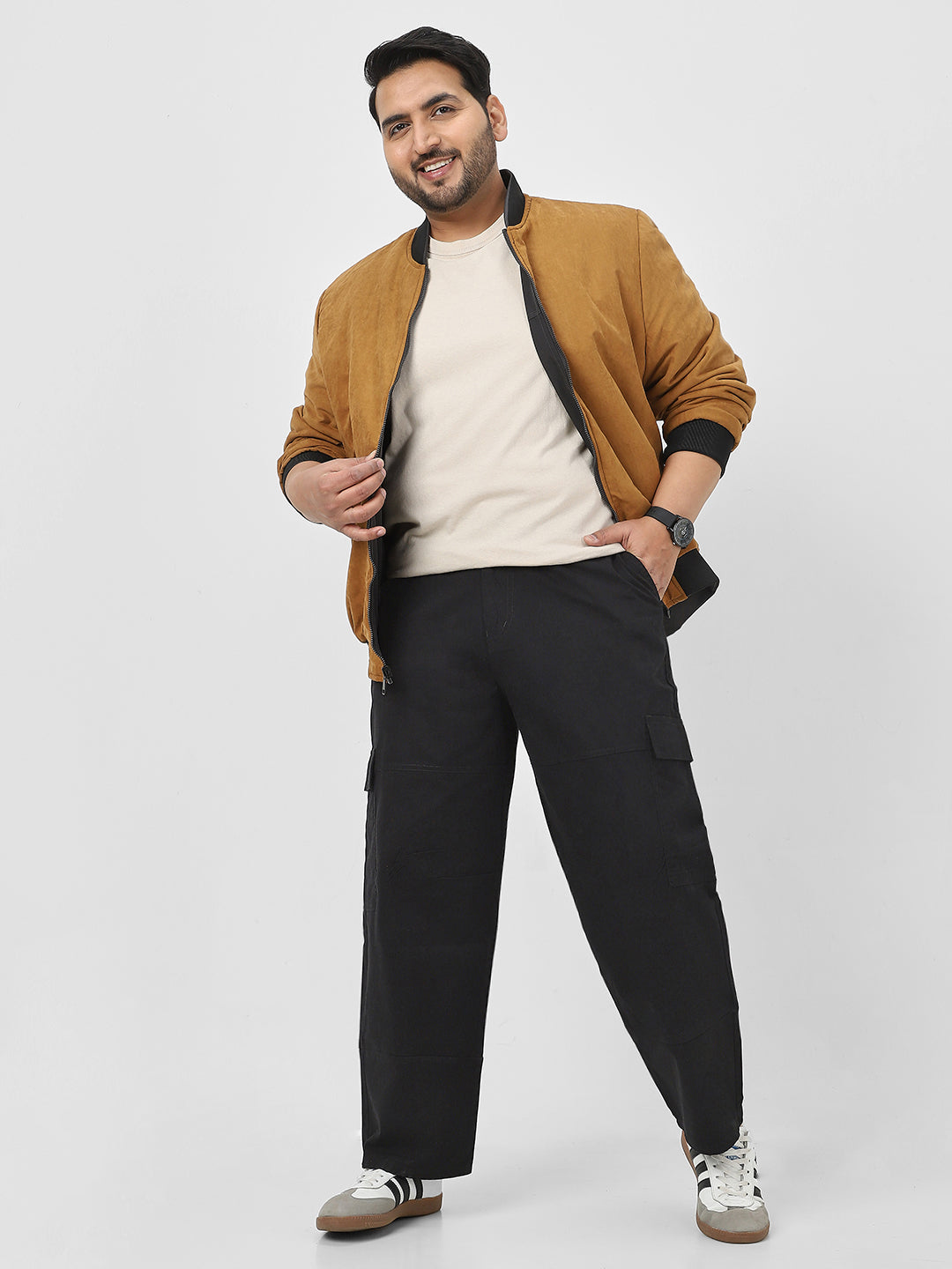 Plus Men's Black Loose Baggy Fit Solid Cargo Chino Pant with 6 Pockets Non-Stretchable