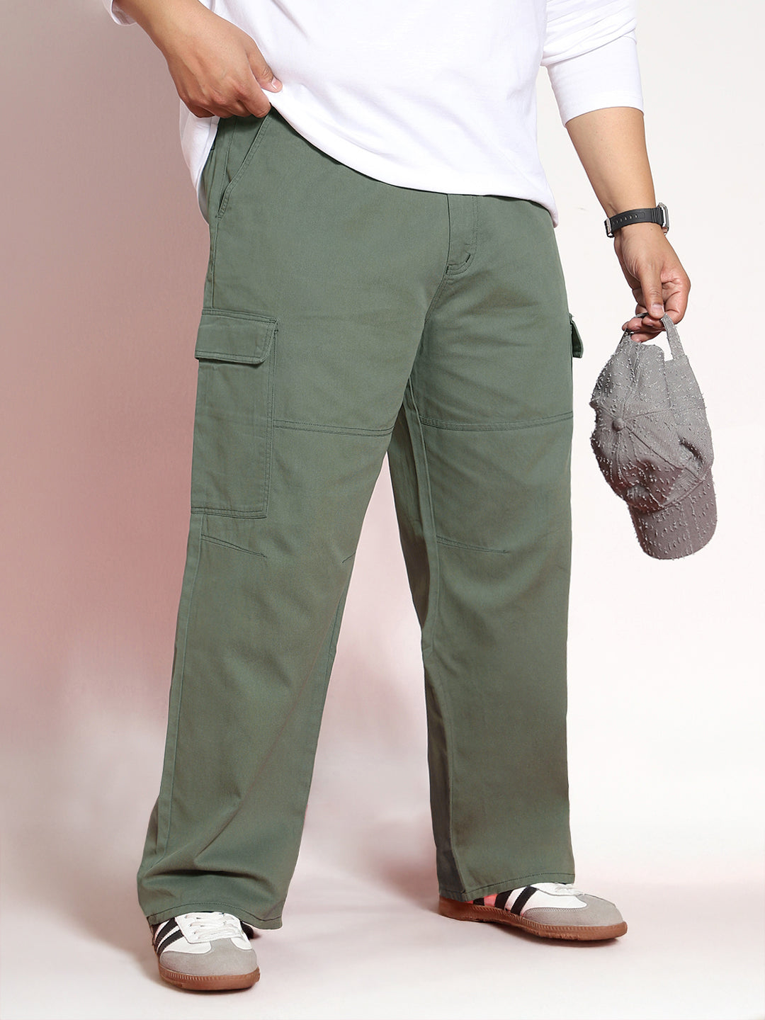 Plus Men's Light Grey Loose Baggy Fit Solid Cargo Chino Pant with 6 Pockets Non-Stretchable
