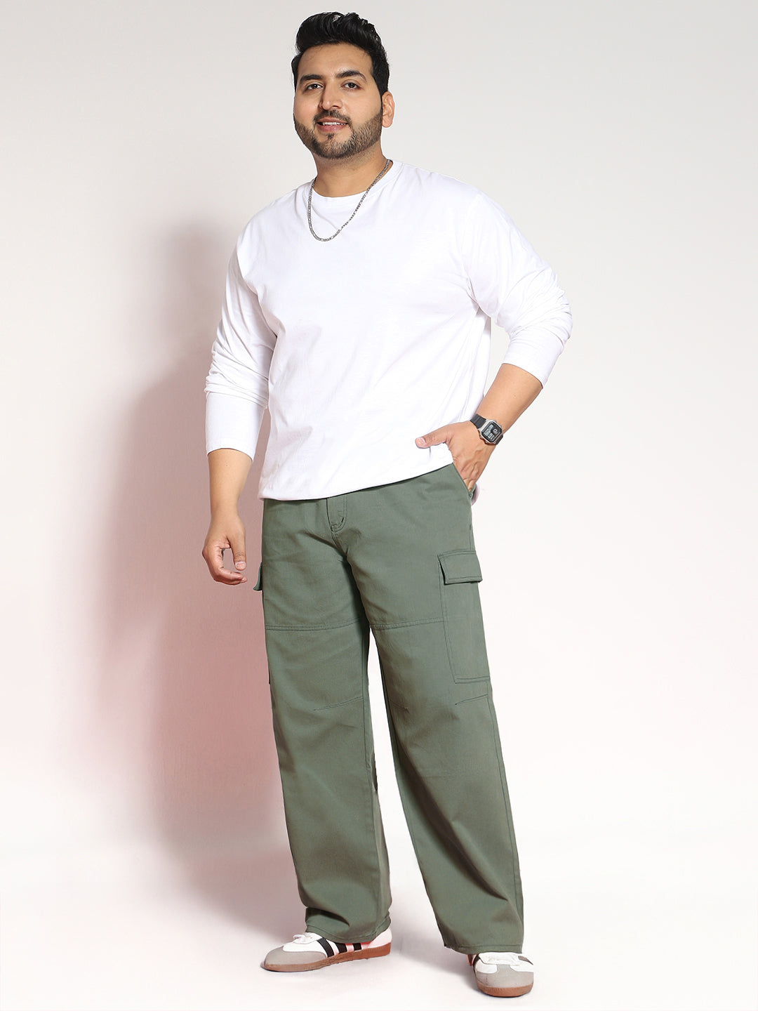 Plus Men's Light Grey Loose Baggy Fit Solid Cargo Chino Pant with 6 Pockets Non-Stretchable